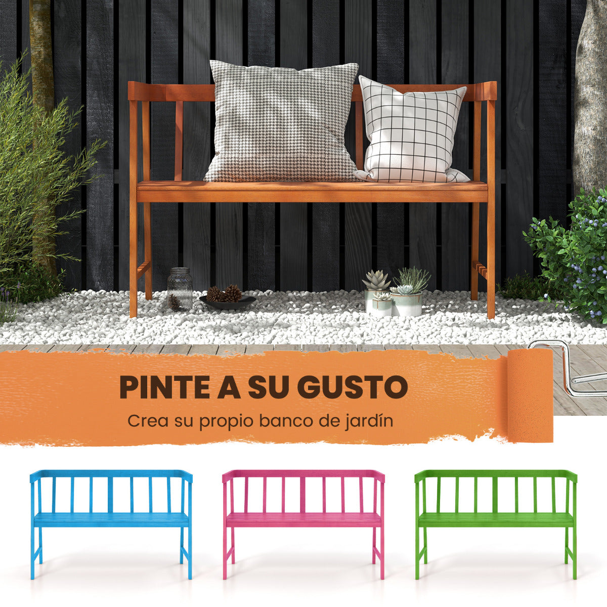 Banco de Jardín de Madera Acacia para 2 Personas con Respaldo Apoyabrazos Asiento de Listones para Parque Patio Carga 360kg 110 x 46 x 72 cm