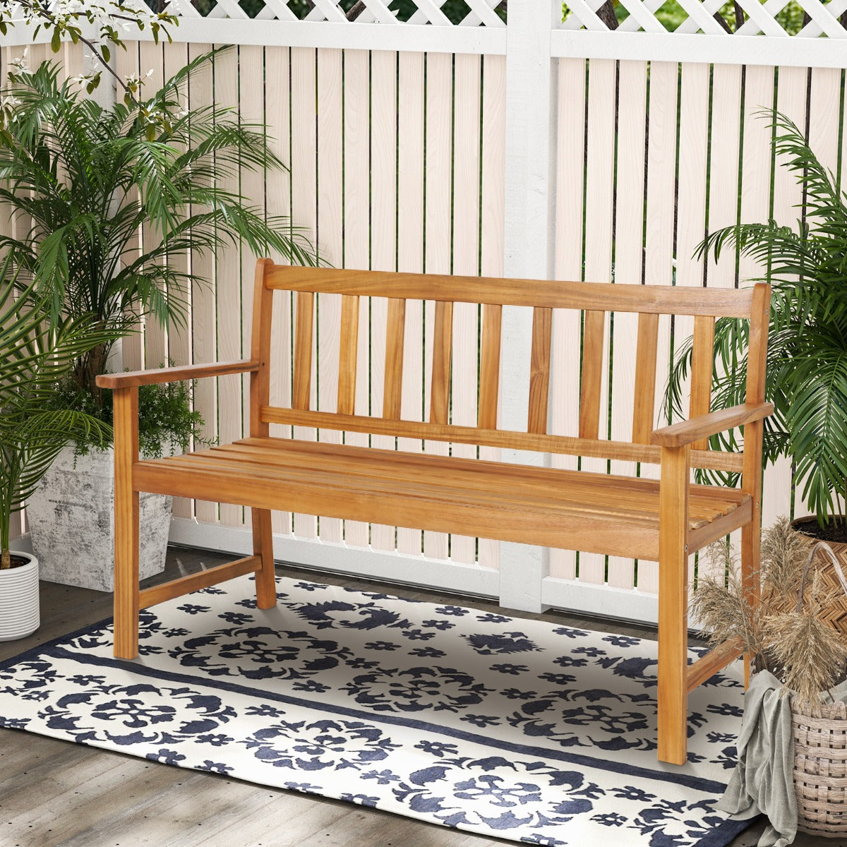 Banco de Jardín de Madera Acacia 2 Plazas con Respaldo Reposabrazos Asiento con Listones Carga 360kg para Patio 123 x 56,5 x 86 cm Natural