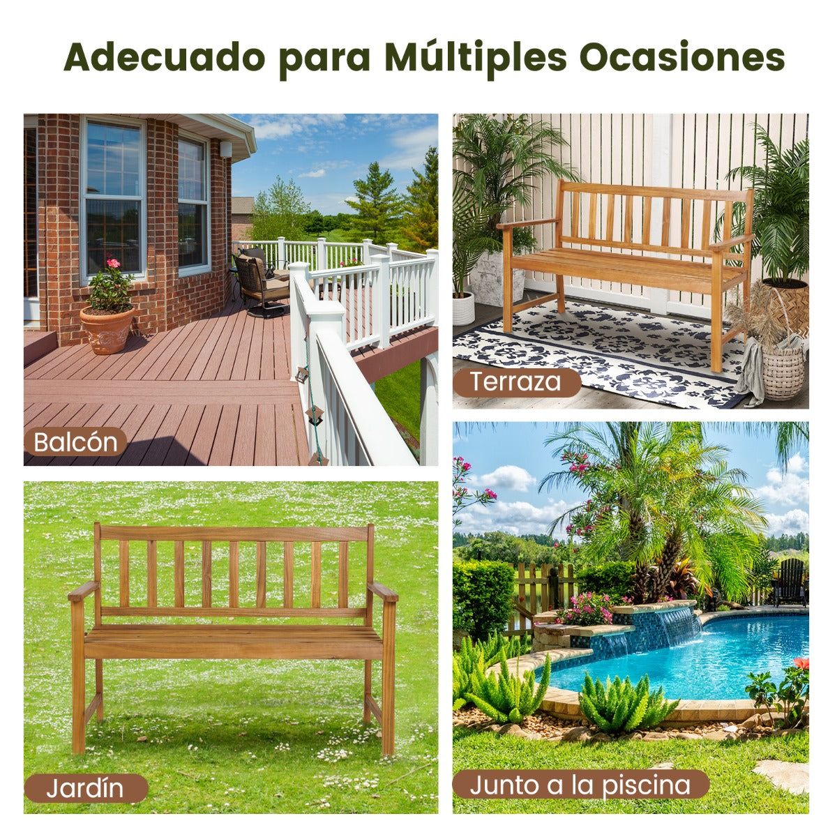 Banco de Jardín de Madera Acacia 2 Plazas con Respaldo Reposabrazos Asiento con Listones Carga 360kg para Patio 123 x 56,5 x 86 cm Natural