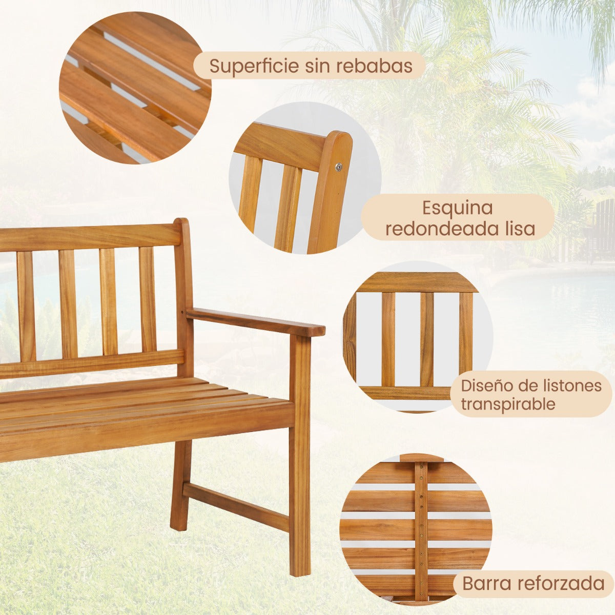 Banco de Jardín de Madera Acacia 2 Plazas con Respaldo Reposabrazos Asiento con Listones Carga 360kg para Patio 123 x 56,5 x 86 cm Natural
