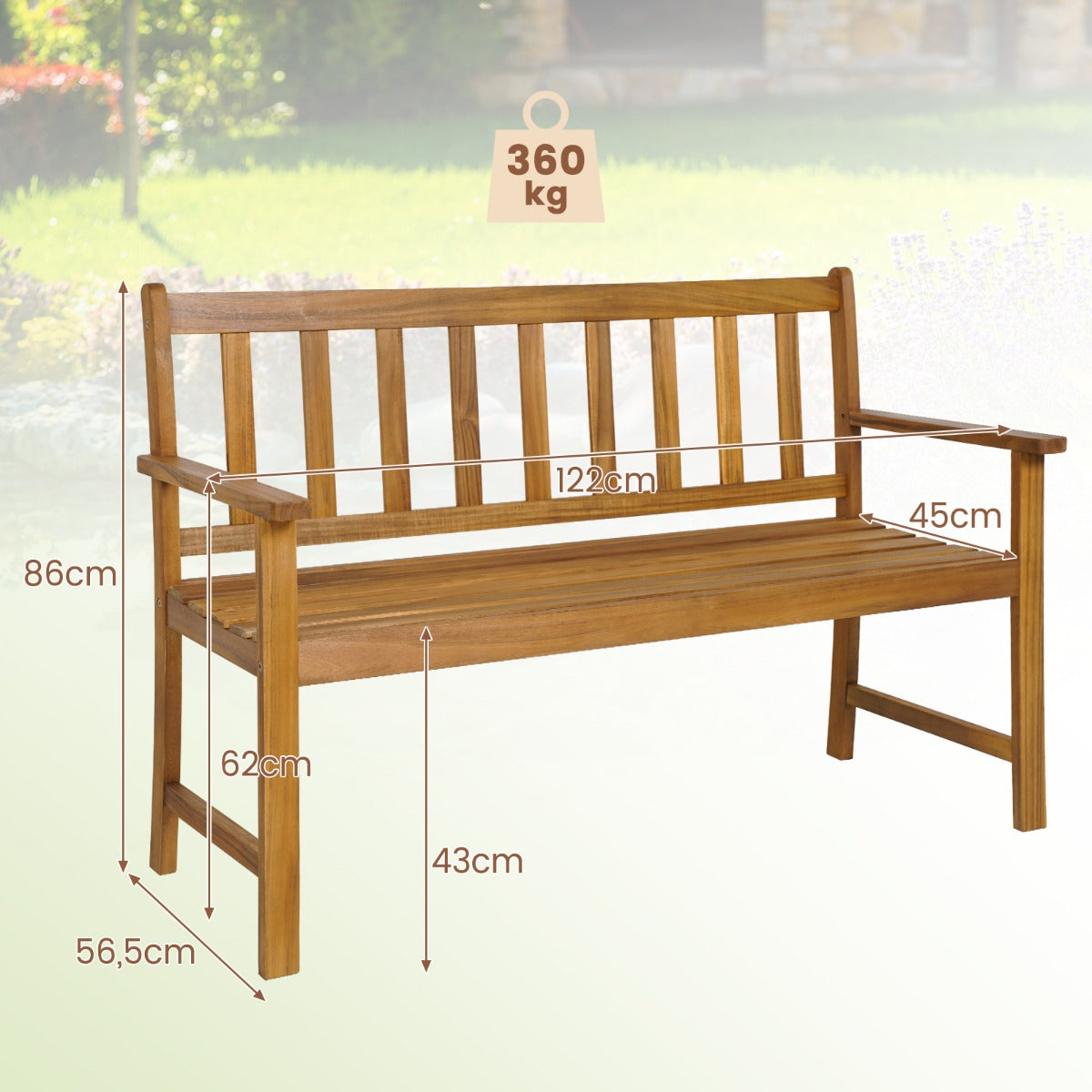 Banco de Jardín de Madera Acacia 2 Plazas con Respaldo Reposabrazos Asiento con Listones Carga 360kg para Patio 123 x 56,5 x 86 cm Natural