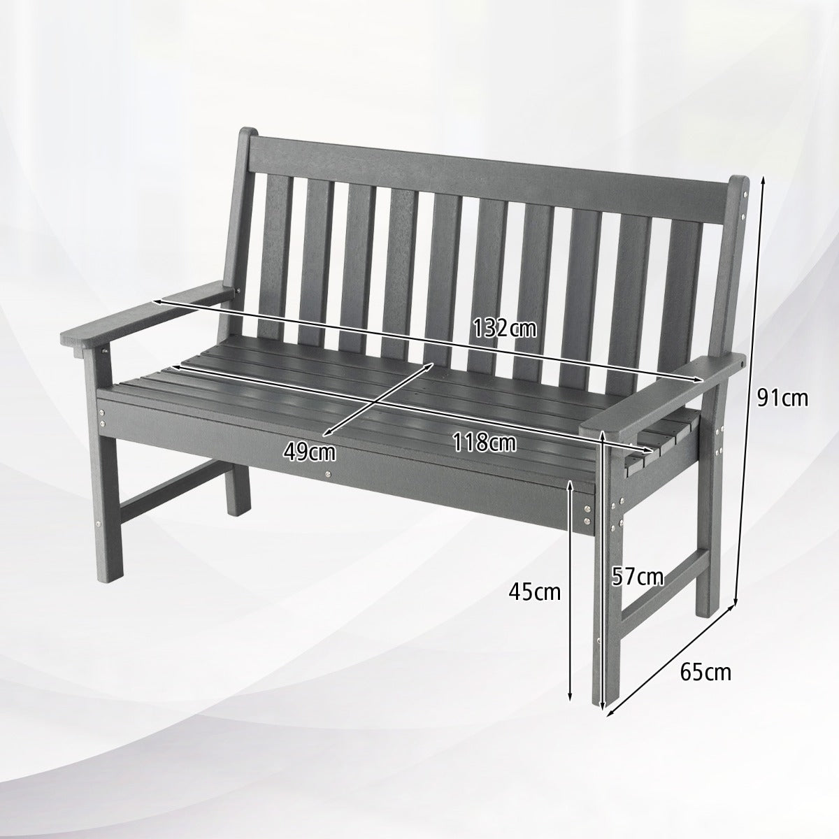 Banco Madera de HDPE con Respaldo y Reposabrazos para Terraza Balcón Asiento de 2 Personas Resistente Intemperie 132 x 65 x 91 cm Gris