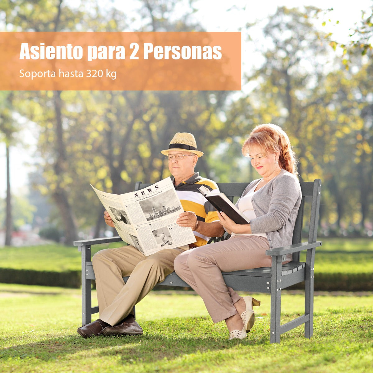 Banco Madera de HDPE con Respaldo y Reposabrazos para Terraza Balcón Asiento de 2 Personas Resistente Intemperie 132 x 65 x 91 cm Gris