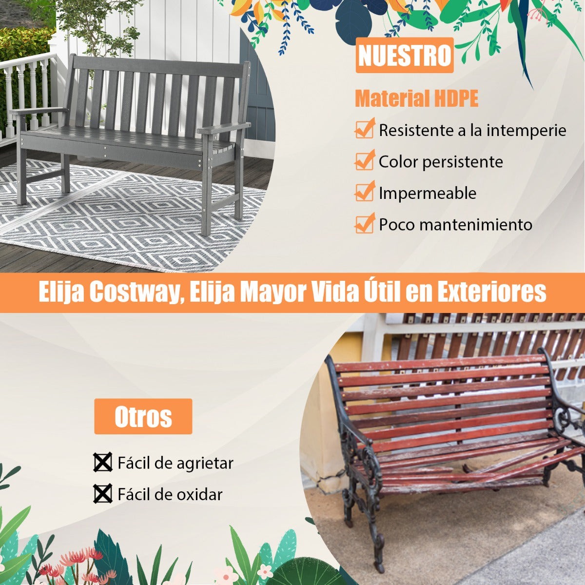 Banco Madera de HDPE con Respaldo y Reposabrazos para Terraza Balcón Asiento de 2 Personas Resistente Intemperie 132 x 65 x 91 cm Gris