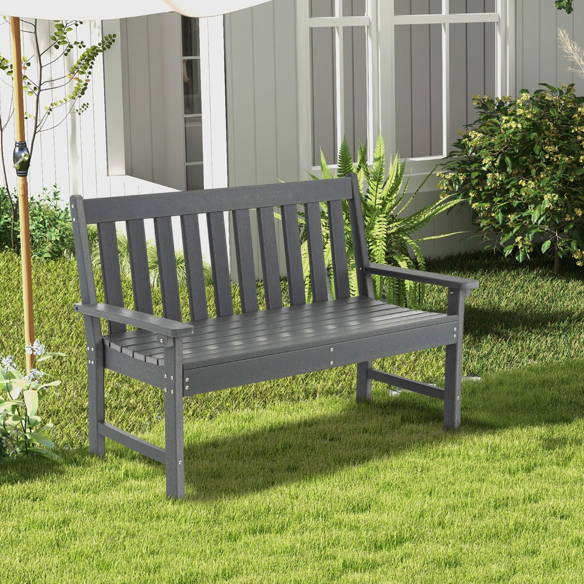 Banco Madera de HDPE con Respaldo y Reposabrazos para Terraza Balcón Asiento de 2 Personas Resistente Intemperie 132 x 65 x 91 cm Gris