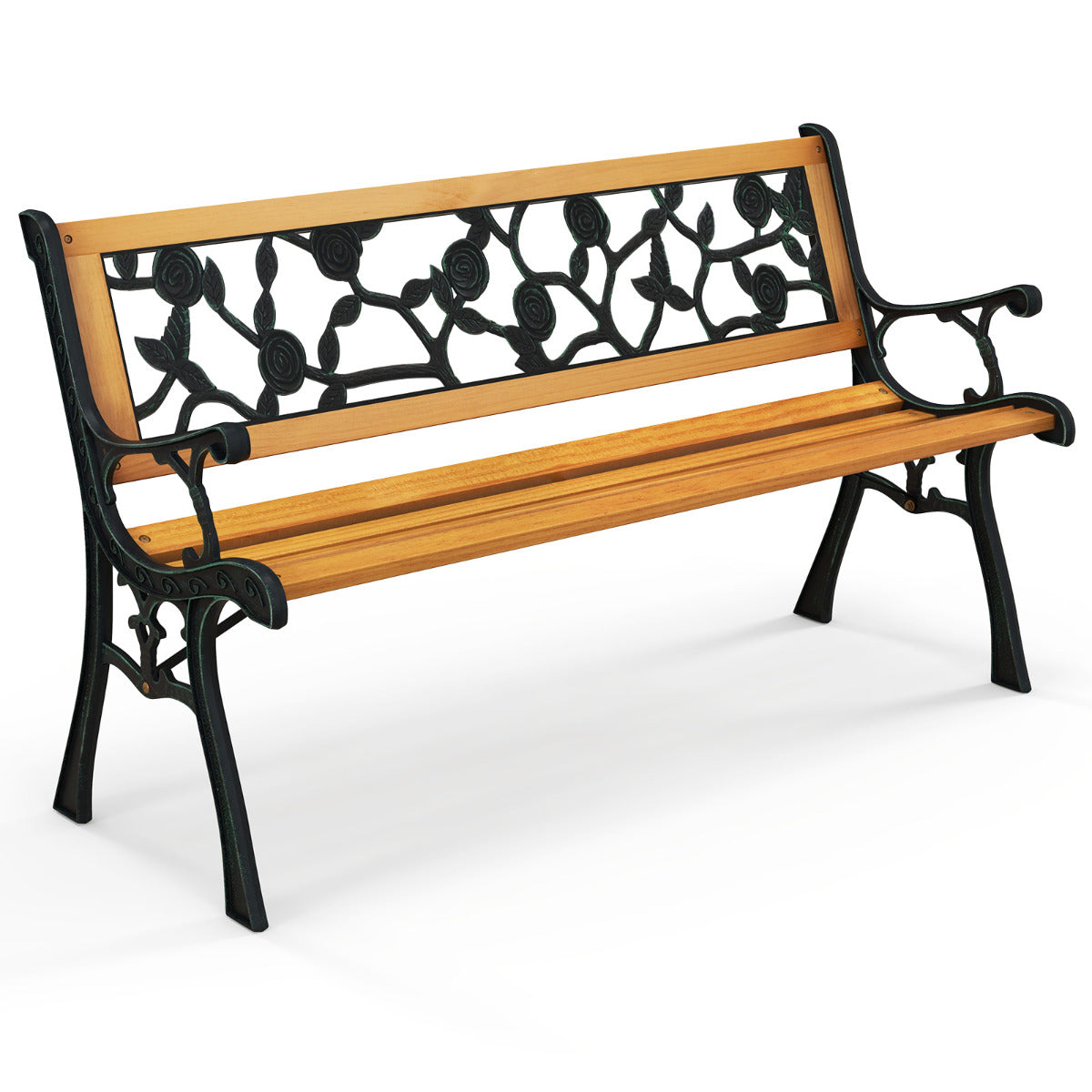 Banco de Jardín de 127,5 cm con Estructura de Metal Fundido y Asiento de Madera Banco Ergonómico para 3 Personas para Jardín Porche Patio