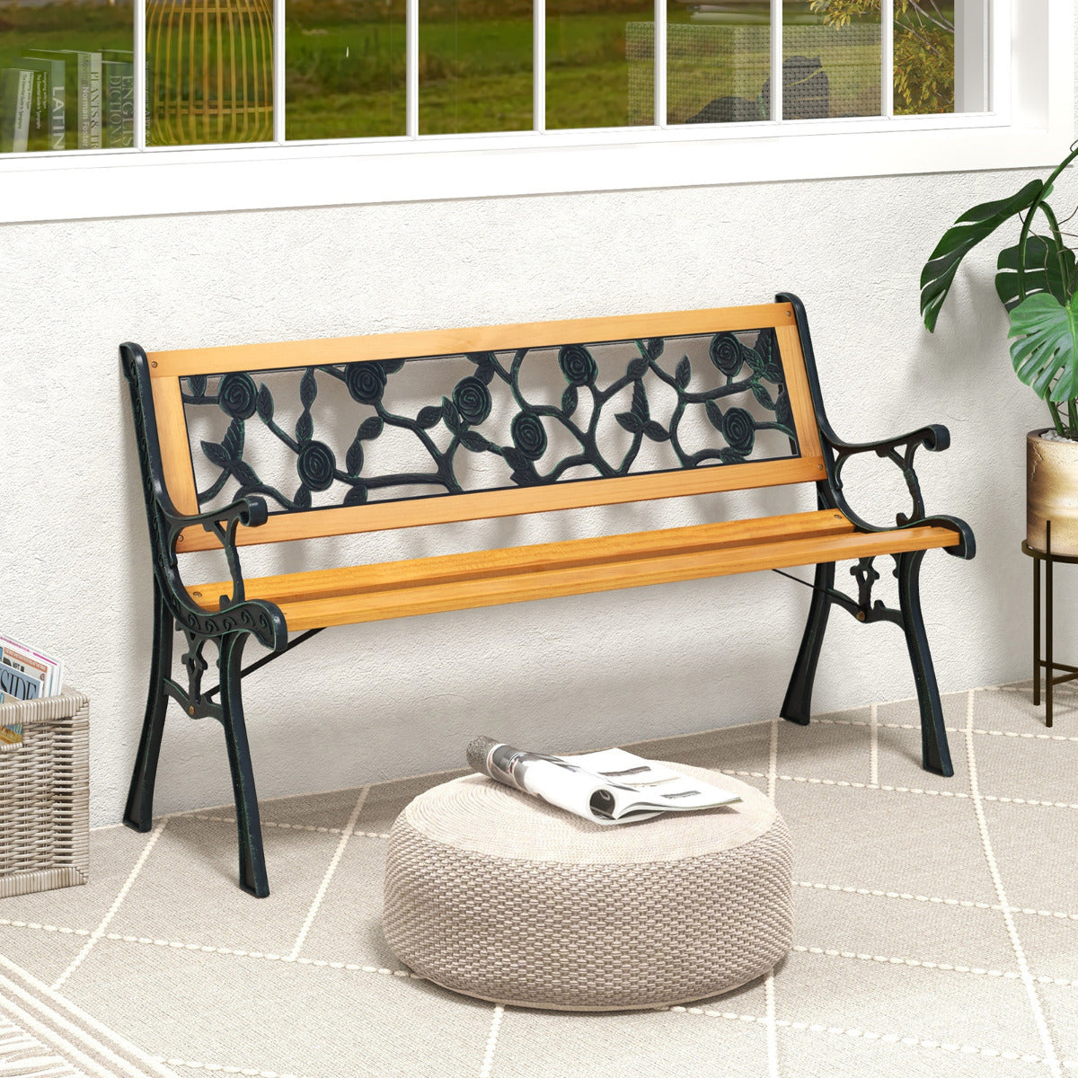 Banco de Jardín de 127,5 cm con Estructura de Metal Fundido y Asiento de Madera Banco Ergonómico para 3 Personas para Jardín Porche Patio