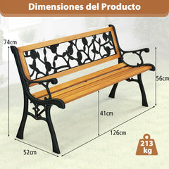 Banco de Jardín de 127,5 cm con Estructura de Metal Fundido y Asiento de Madera Banco Ergonómico para 3 Personas para Jardín Porche Patio