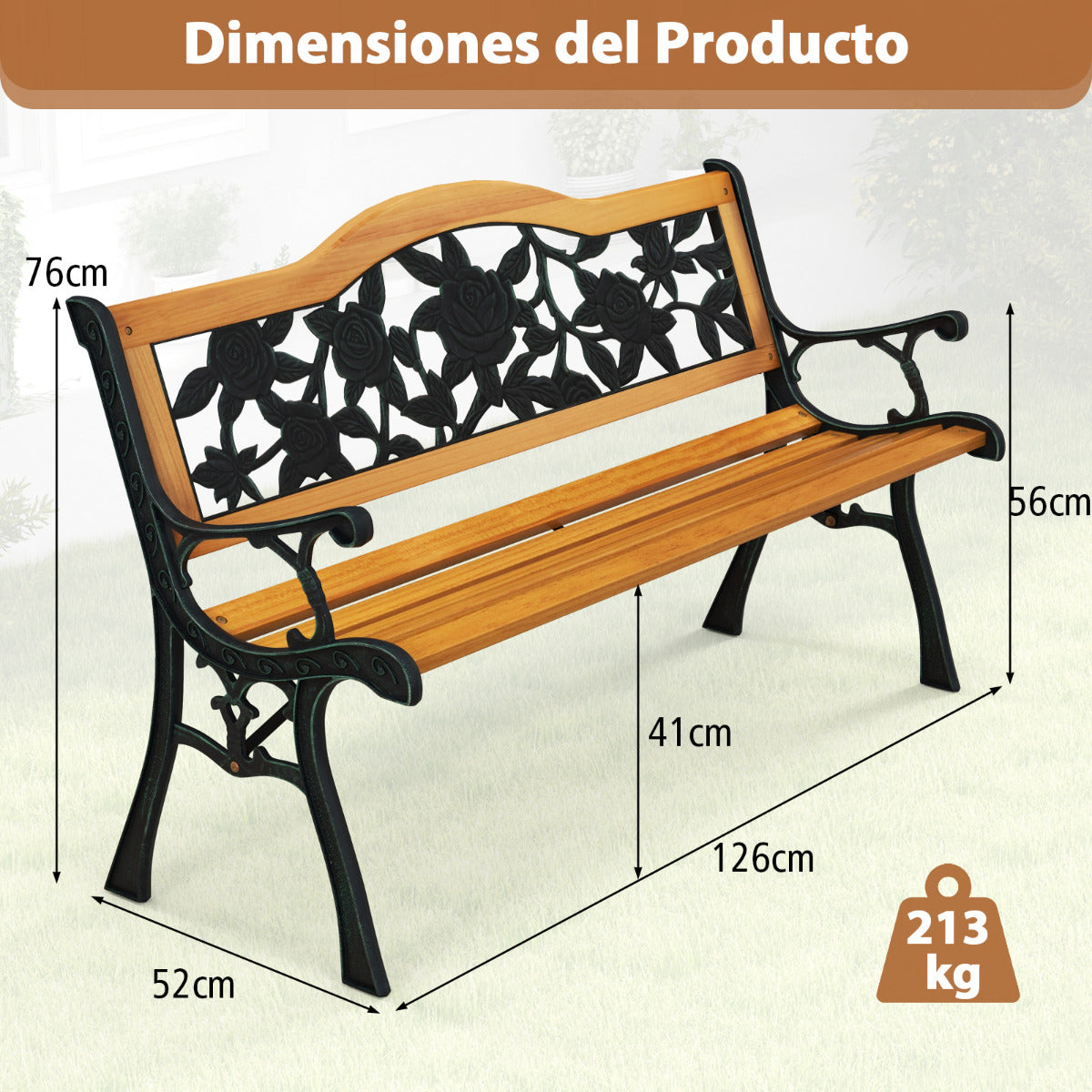 Banco de Jardín de 127,5 cm con Estructura de Metal Fundido y Asiento de Madera Banco Ergonómico para 3 Personas para Jardín Patio Terraza