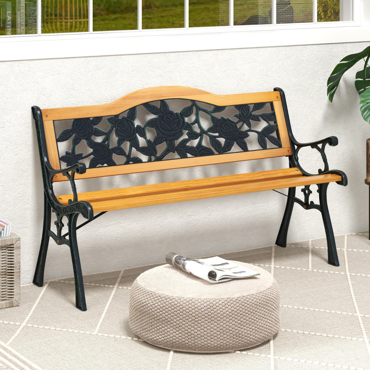 Banco de Jardín de 127,5 cm con Estructura de Metal Fundido y Asiento de Madera Banco Ergonómico para 3 Personas para Jardín Patio Terraza