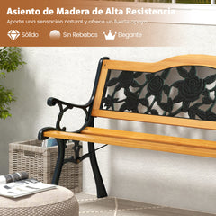 Banco de Jardín de 127,5 cm con Estructura de Metal Fundido y Asiento de Madera Banco Ergonómico para 3 Personas para Jardín Patio Terraza