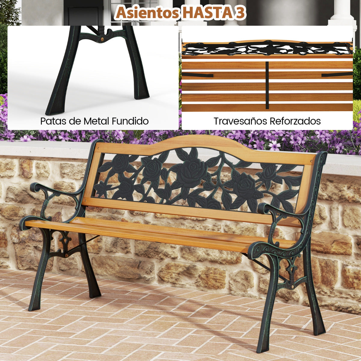 Banco de Jardín de 127,5 cm con Estructura de Metal Fundido y Asiento de Madera Banco Ergonómico para 3 Personas para Jardín Patio Terraza