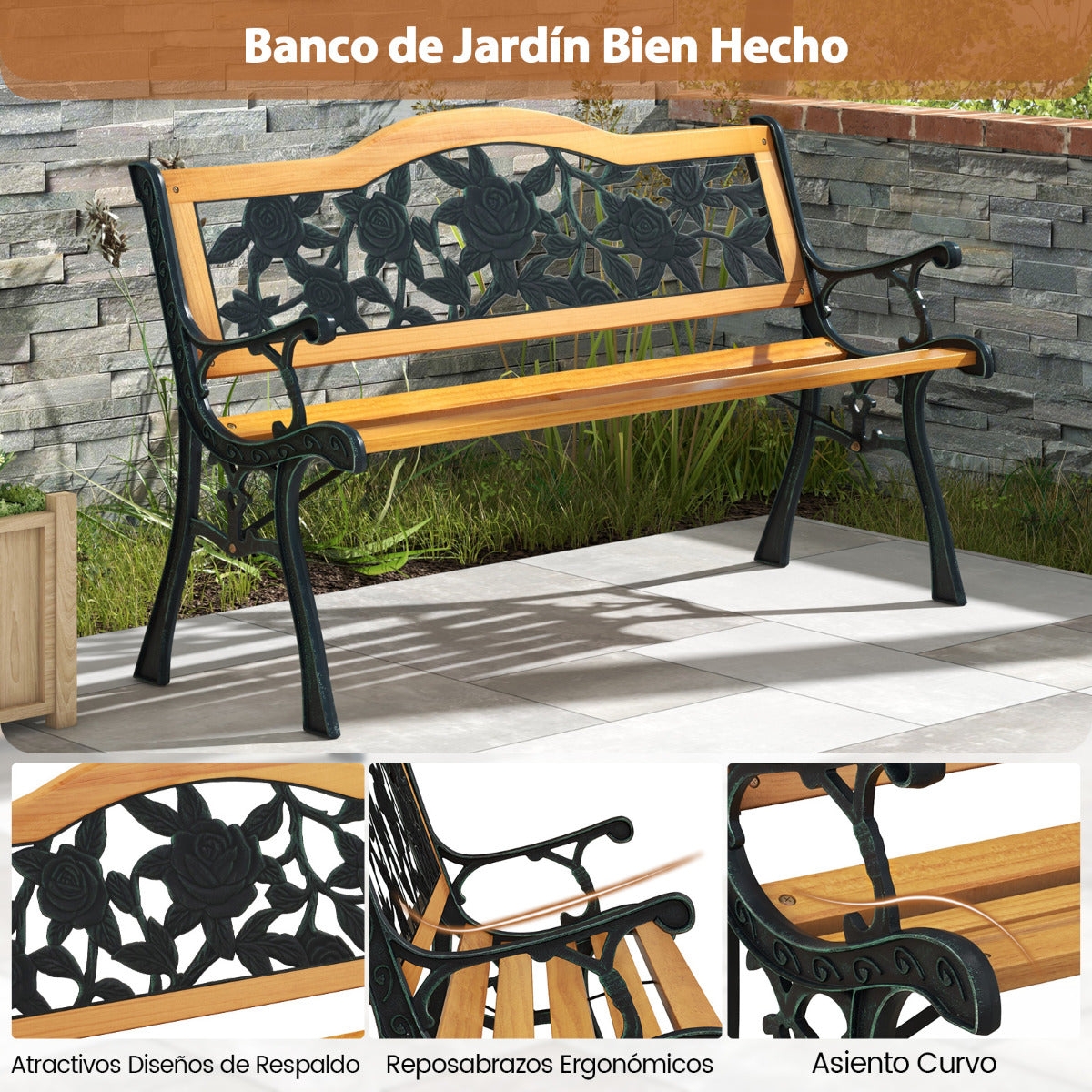 Banco de Jardín de 127,5 cm con Estructura de Metal Fundido y Asiento de Madera Banco Ergonómico para 3 Personas para Jardín Patio Terraza