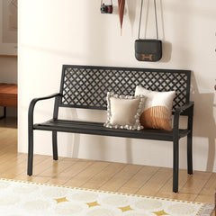 Banco de Jardín de 127 cm para Patio Silla de Metal para 2 Personas con Respaldo Hueco Asiento de Listones Brazos para Porche Negro