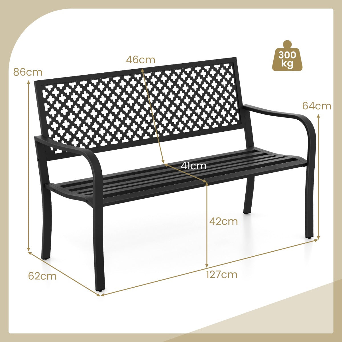 Banco de Jardín de 127 cm para Patio Silla de Metal para 2 Personas con Respaldo Hueco Asiento de Listones Brazos para Porche Negro