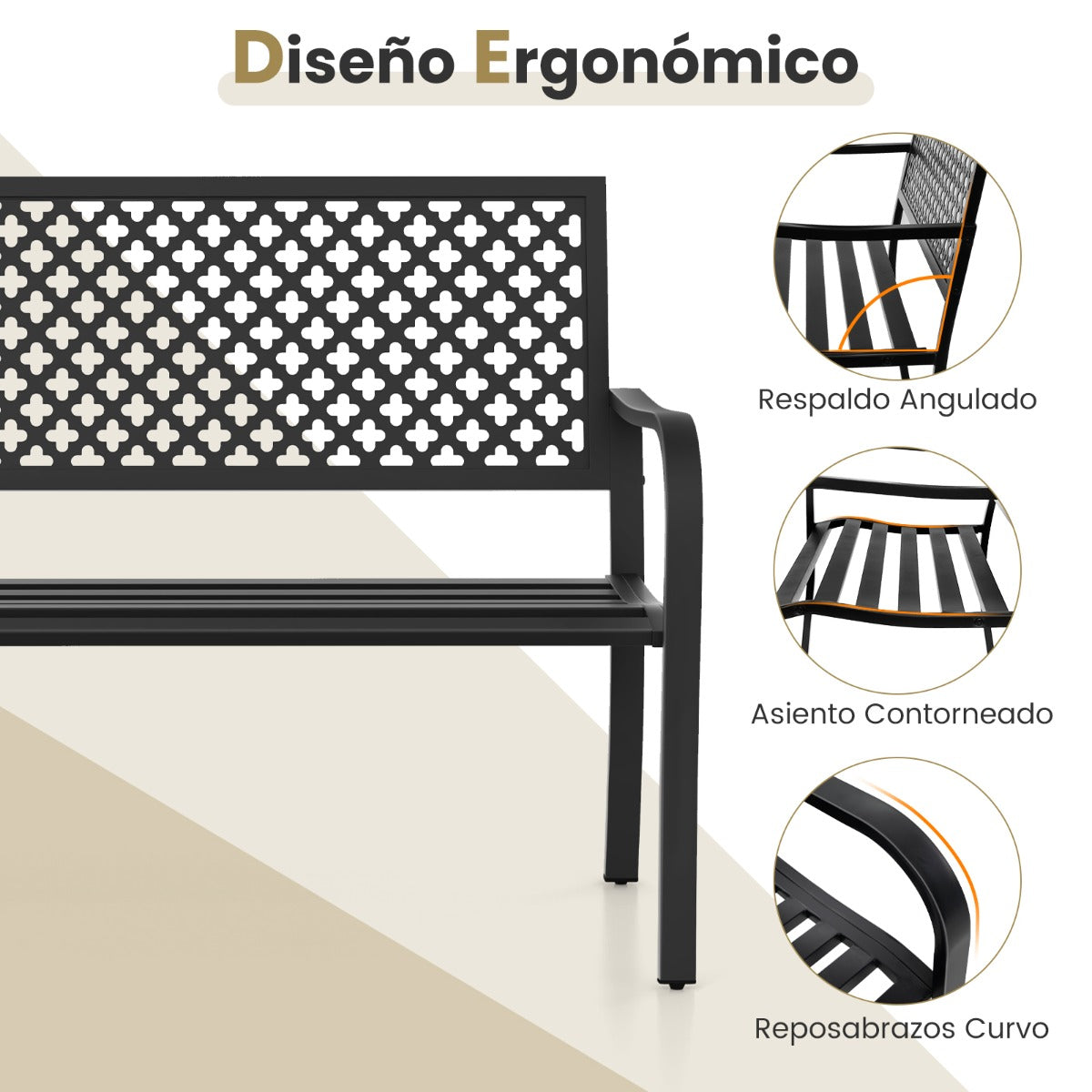 Banco de Jardín de 127 cm para Patio Silla de Metal para 2 Personas con Respaldo Hueco Asiento de Listones Brazos para Porche Negro