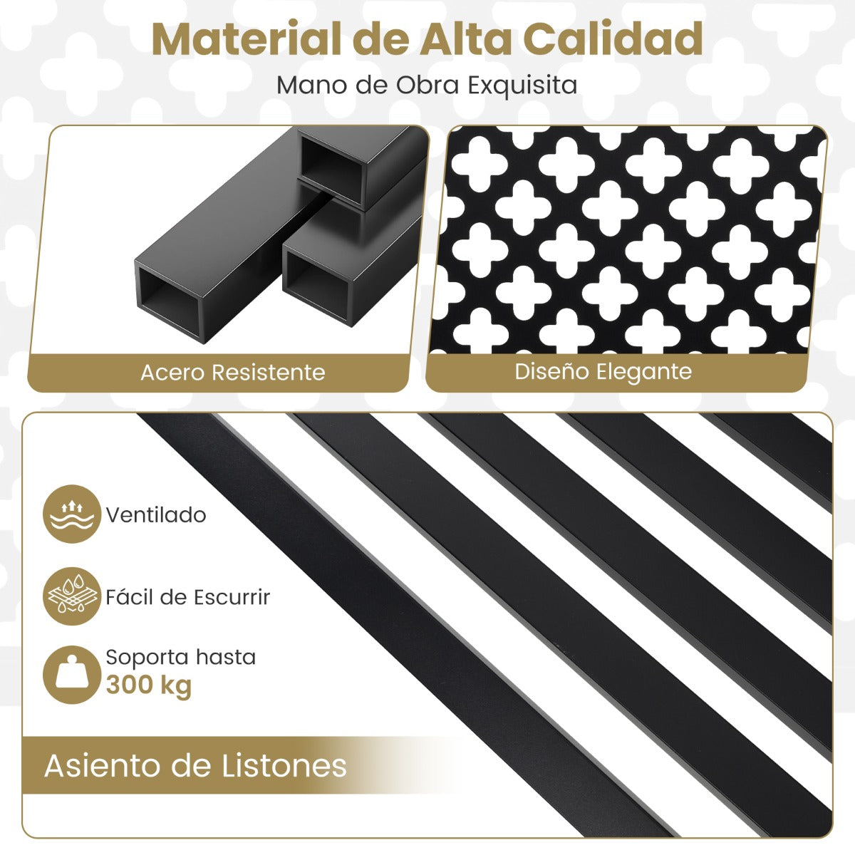 Banco de Jardín de 127 cm para Patio Silla de Metal para 2 Personas con Respaldo Hueco Asiento de Listones Brazos para Porche Negro