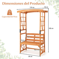 Arco de Jardín Patio de 189 CM Arco de Madera Natural con Pérgola Banco de 2 Asientos Enrejado para Plantas Trepadoras Decorativo Exterior