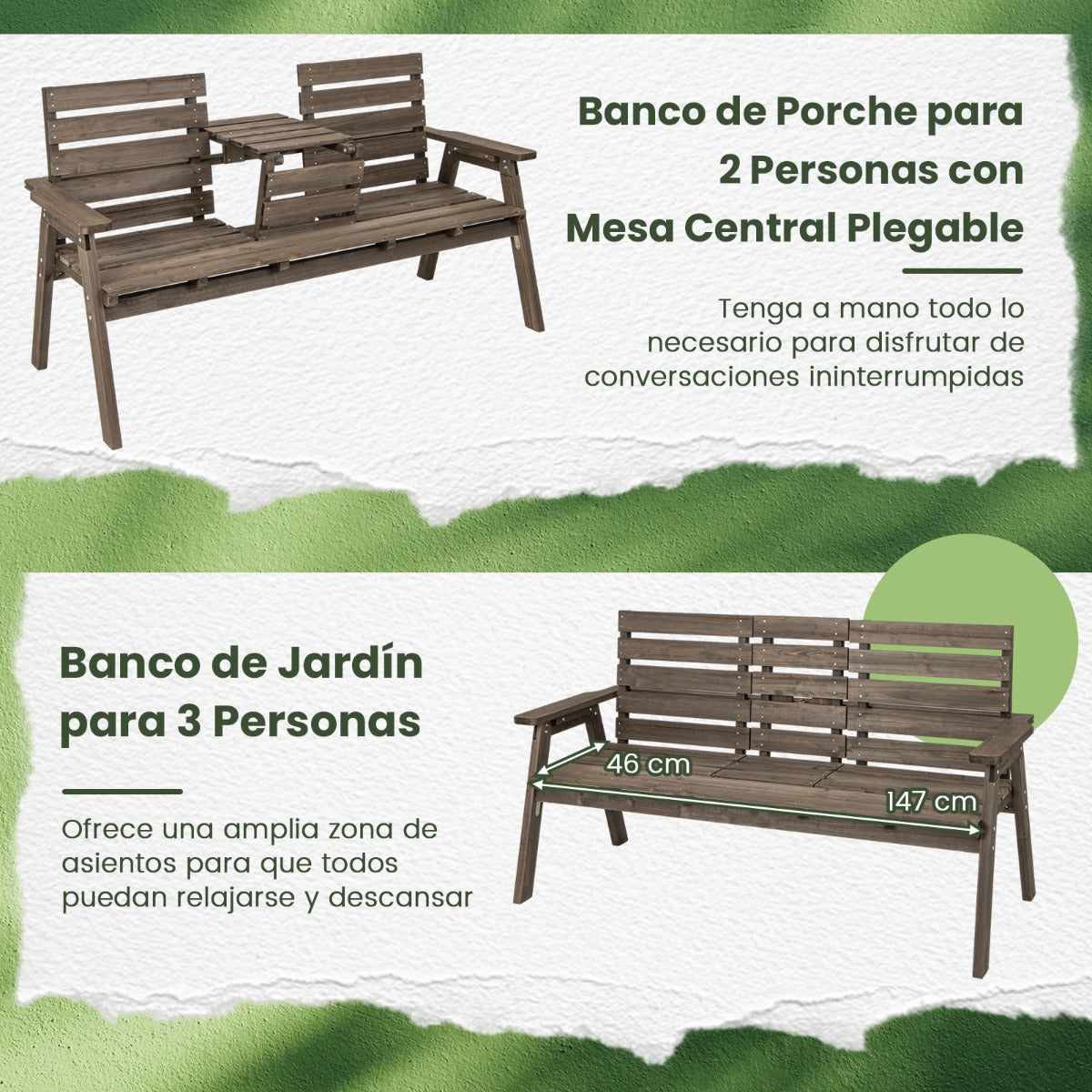 Banco de Madera de Abeto para 2-3 Personas con Mesa Central Plegable Respaldo Reposabrazo para Patio Carga 320 kg 160 x 64 x 86 cm Café