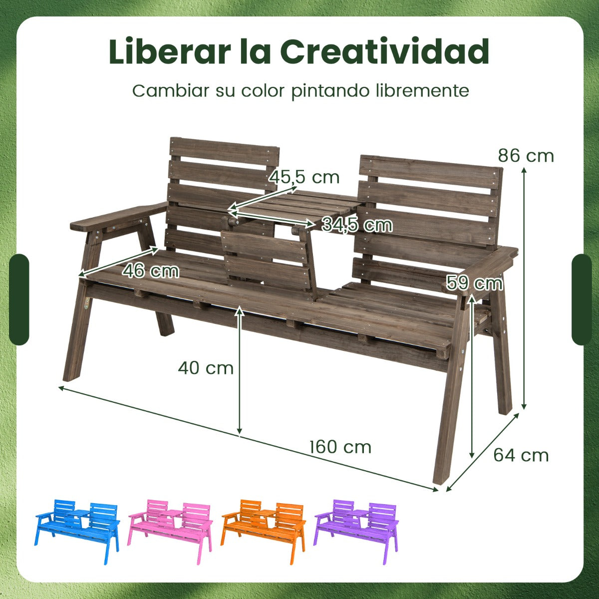Banco de Madera de Abeto para 2-3 Personas con Mesa Central Plegable Respaldo Reposabrazo para Patio Carga 320 kg 160 x 64 x 86 cm Café