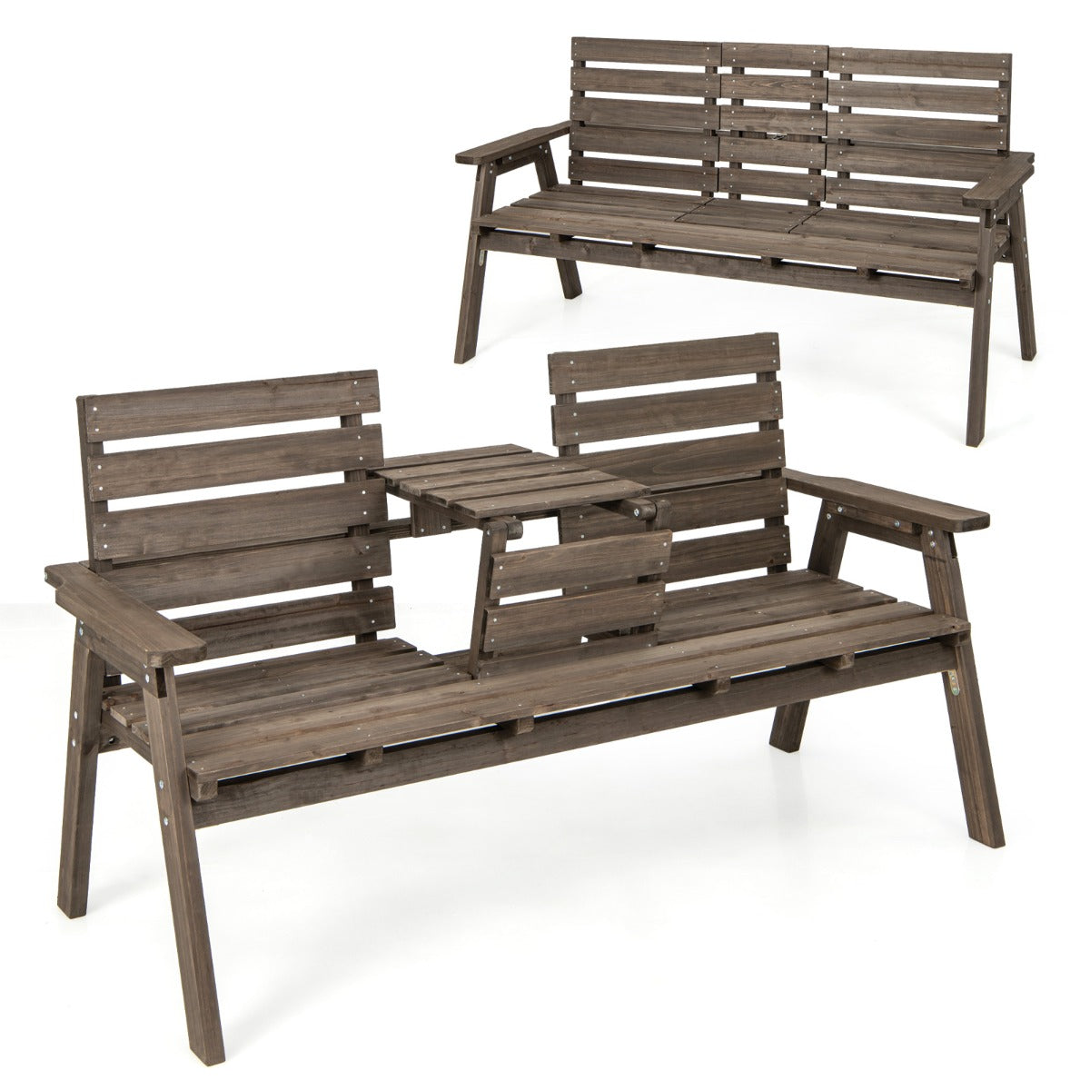 Banco de Madera de Abeto para 2-3 Personas con Mesa Central Plegable Respaldo Reposabrazo para Patio Carga 320 kg 160 x 64 x 86 cm Café