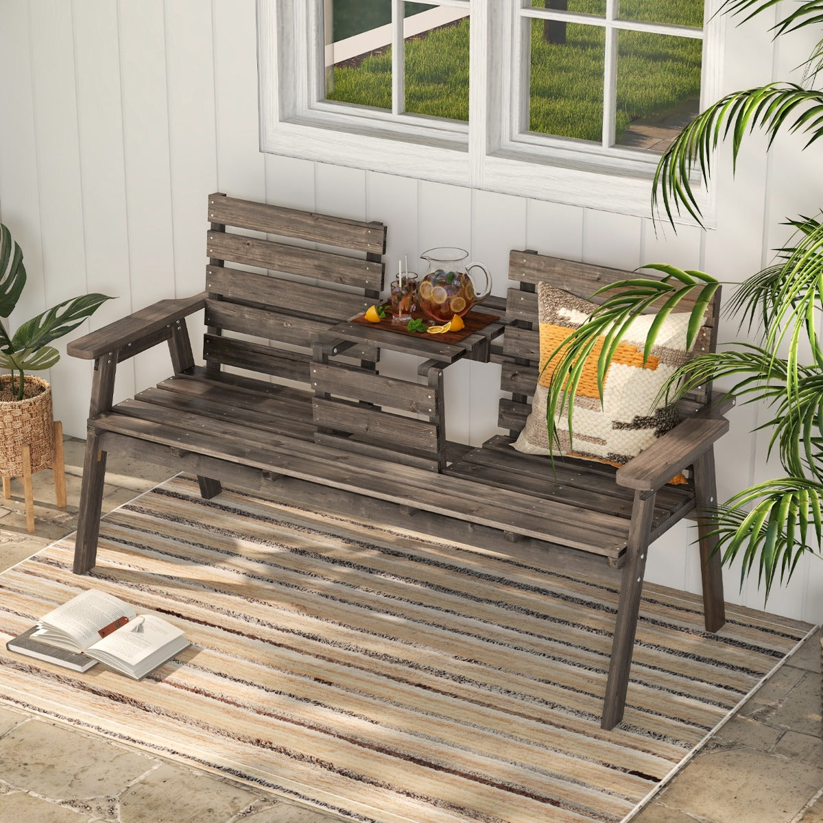 Banco de Madera de Abeto para 2-3 Personas con Mesa Central Plegable Respaldo Reposabrazo para Patio Carga 320 kg 160 x 64 x 86 cm Café