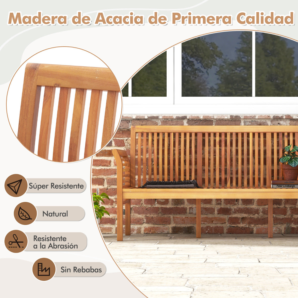 Banco de Madera de 3 Asientos para Patio Banco de Acacia de 159 cm Largo con Cojines Suaves Respaldo Apoyabrazos para Balcón Porche Jardín