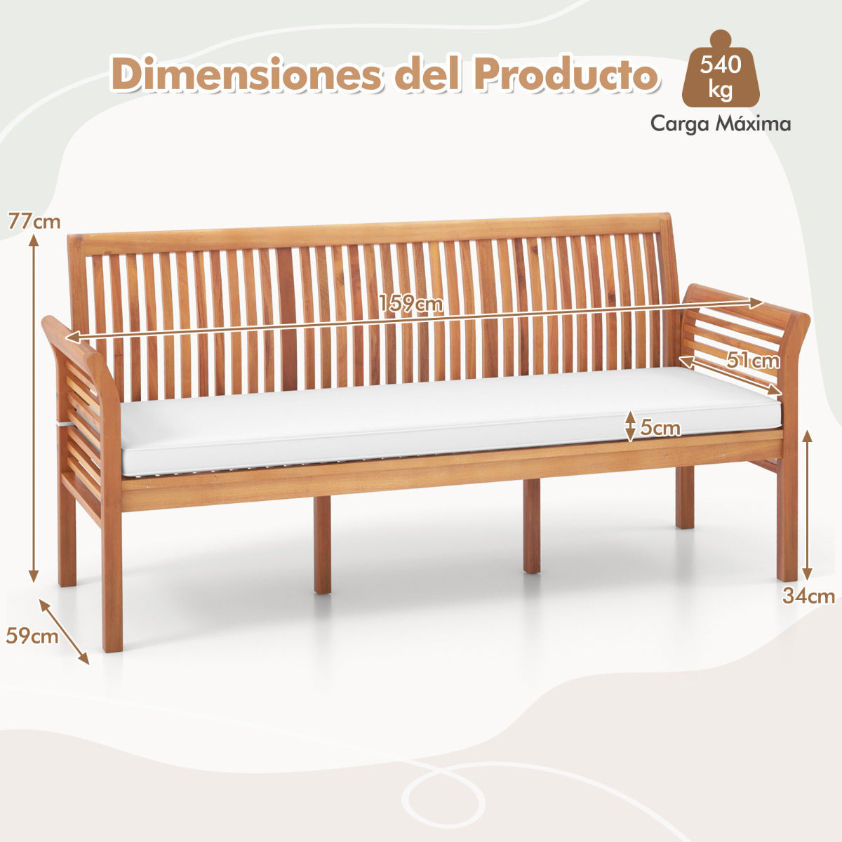 Banco de Madera de 3 Asientos para Patio Banco de Acacia de 159 cm Largo con Cojines Suaves Respaldo Apoyabrazos para Balcón Porche Jardín