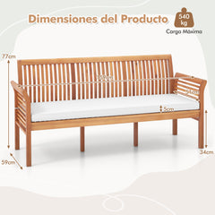Banco de Madera de 3 Asientos para Patio Banco de Acacia de 159 cm Largo con Cojines Suaves Respaldo Apoyabrazos para Balcón Porche Jardín