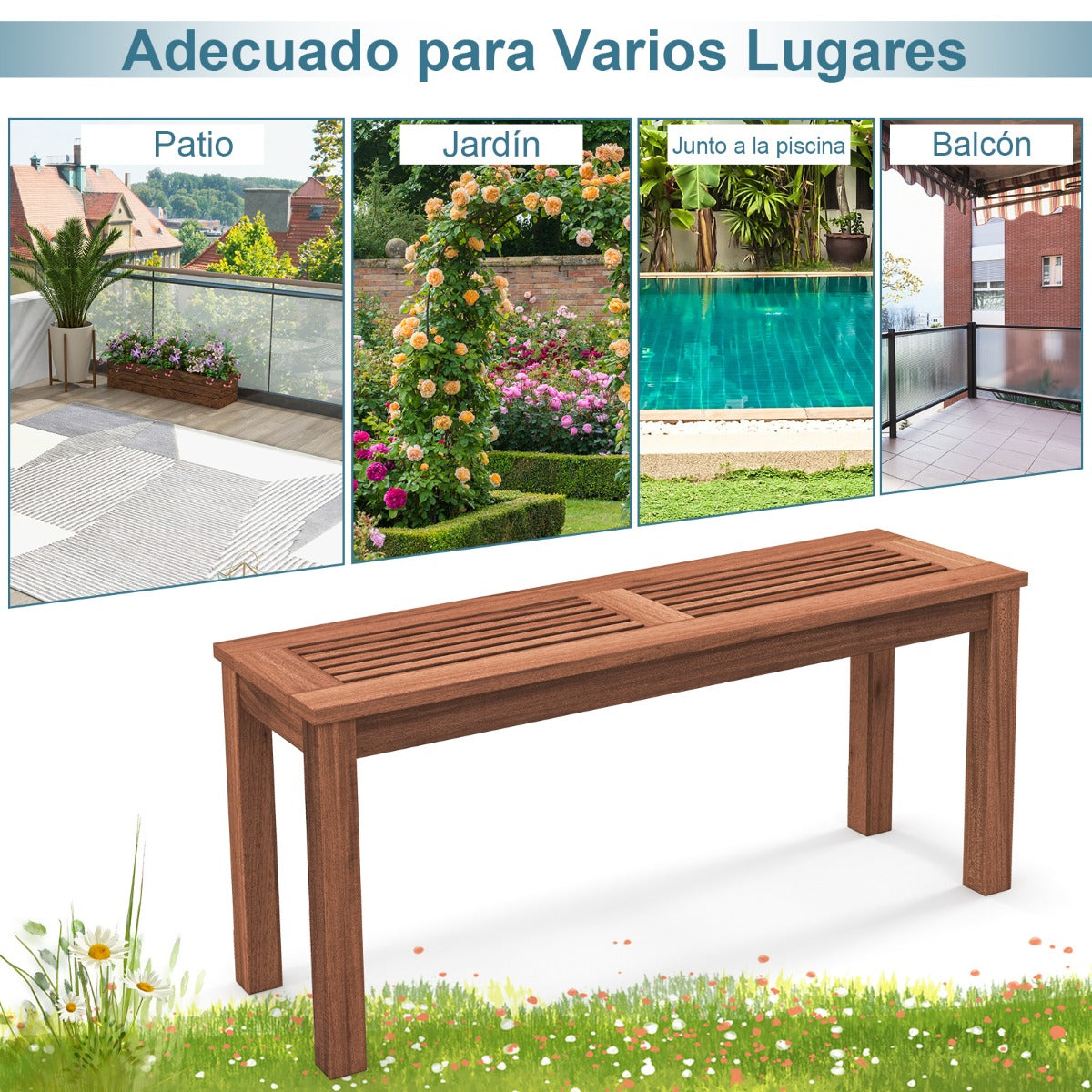 Banco de Madera Maciza para 2 Personas con Asiento de Listones Estructura de Madera Banco de Comedor para Patio 100 x 30,5 x 47 cm Natural
