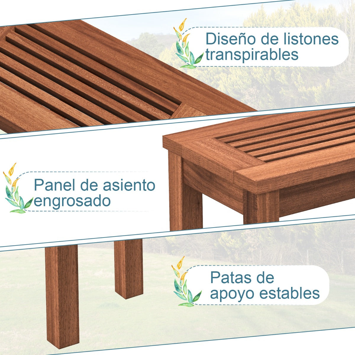 Banco de Madera Maciza para 2 Personas con Asiento de Listones Estructura de Madera Banco de Comedor para Patio 100 x 30,5 x 47 cm Natural