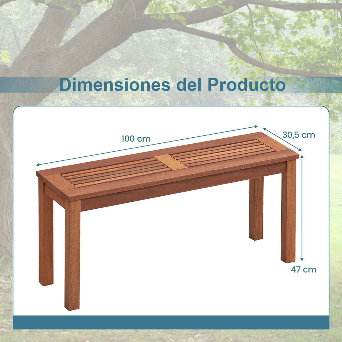 Banco de Madera Maciza para 2 Personas con Asiento de Listones Estructura de Madera Banco de Comedor para Patio 100 x 30,5 x 47 cm Natural