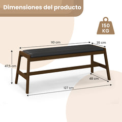 Banco de Madera Maciza con Asiento Acolchado de Piel Sintética Marco de Madera de Caucho para Cocina Comedor 127 x 48 x 47,5 cm Nogal