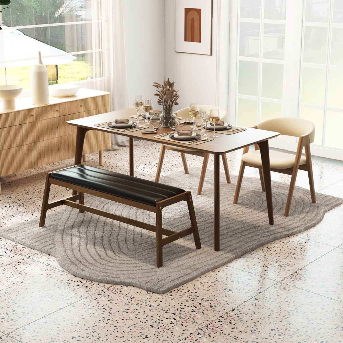 Banco de Madera Maciza con Asiento Acolchado de Piel Sintética Marco de Madera de Caucho para Cocina Comedor 127 x 48 x 47,5 cm Nogal