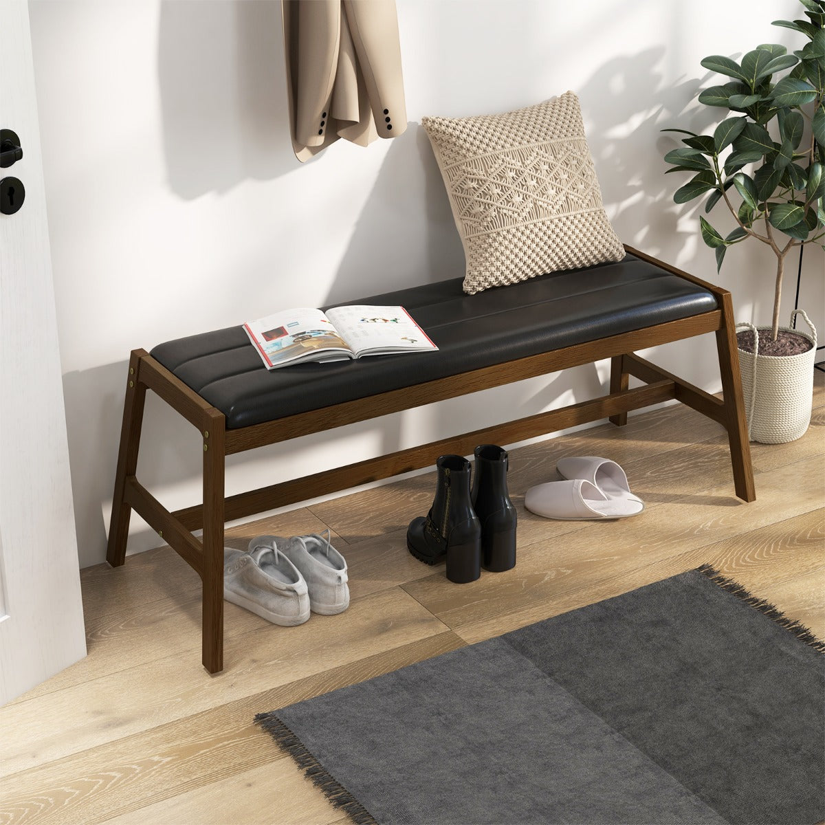 Banco de Madera Maciza con Asiento Acolchado de Piel Sintética Marco de Madera de Caucho para Cocina Comedor 127 x 48 x 47,5 cm Nogal