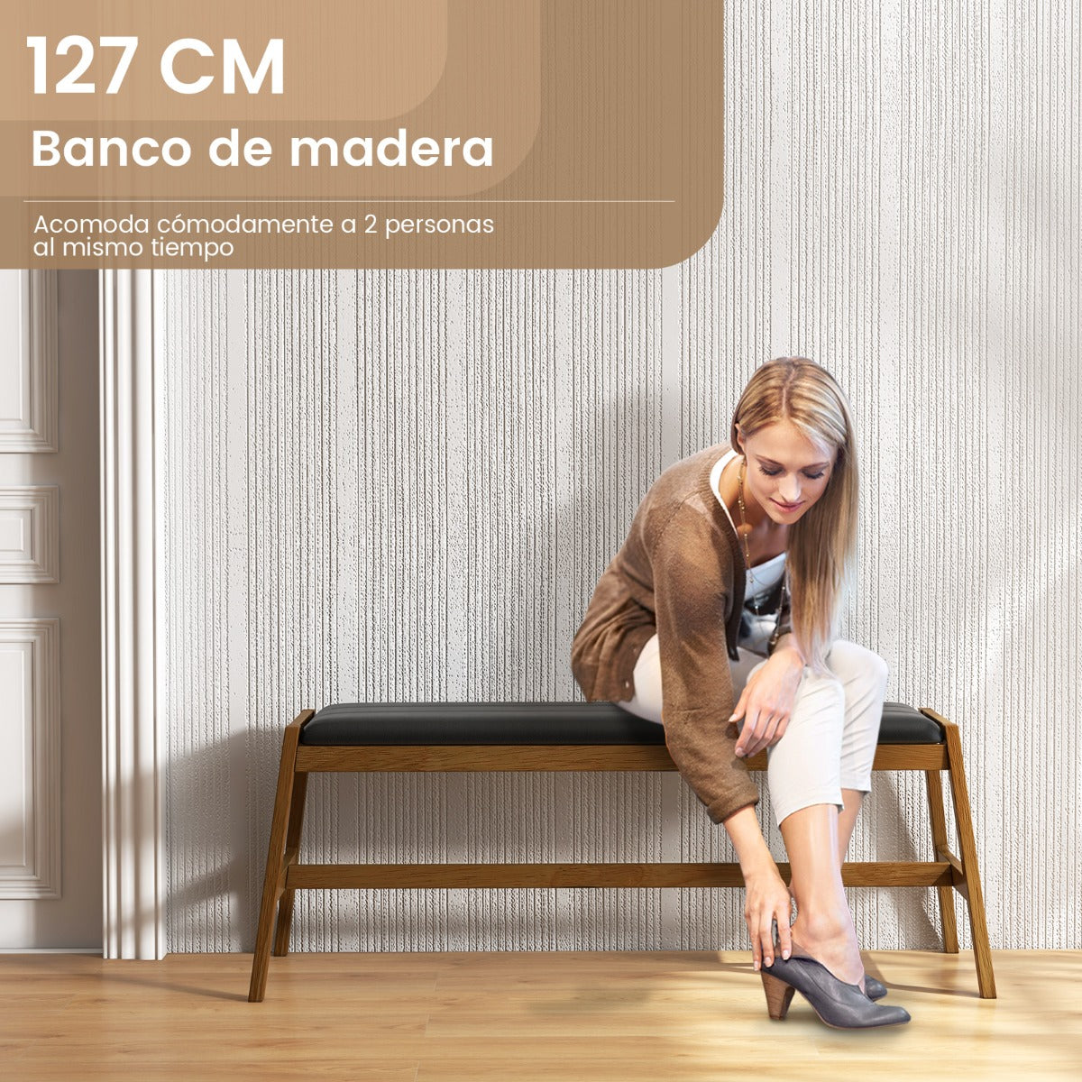 Banco de Madera Maciza con Asiento Acolchado de Piel Sintética Marco de Madera de Caucho para Cocina Comedor 127 x 48 x 47,5 cm Nogal