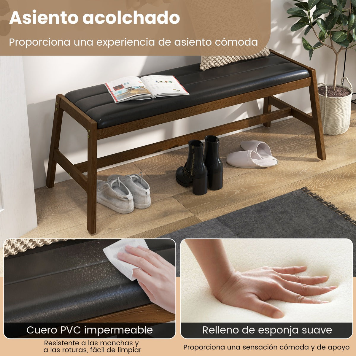 Banco de Madera Maciza con Asiento Acolchado de Piel Sintética Marco de Madera de Caucho para Cocina Comedor 127 x 48 x 47,5 cm Nogal
