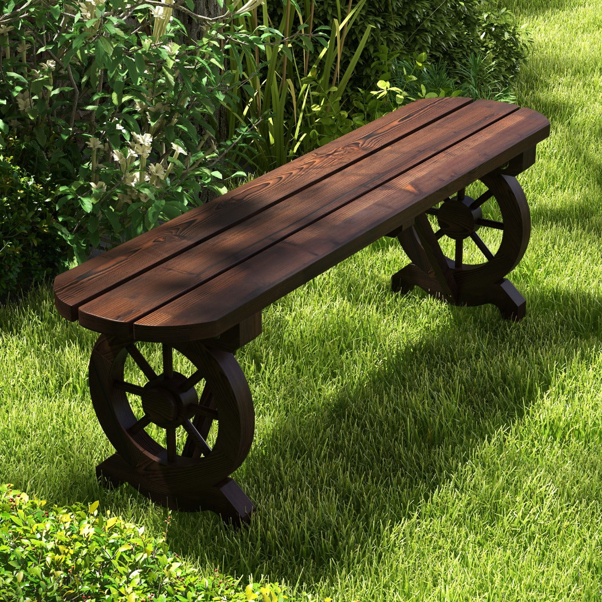 Banco Largo de Exterior de 2 Plazas Banco Madera Carbonizada Abeto con Base de Ruedas de Carro para Patio Carga 322 kg 120 x 28 x 37 cm