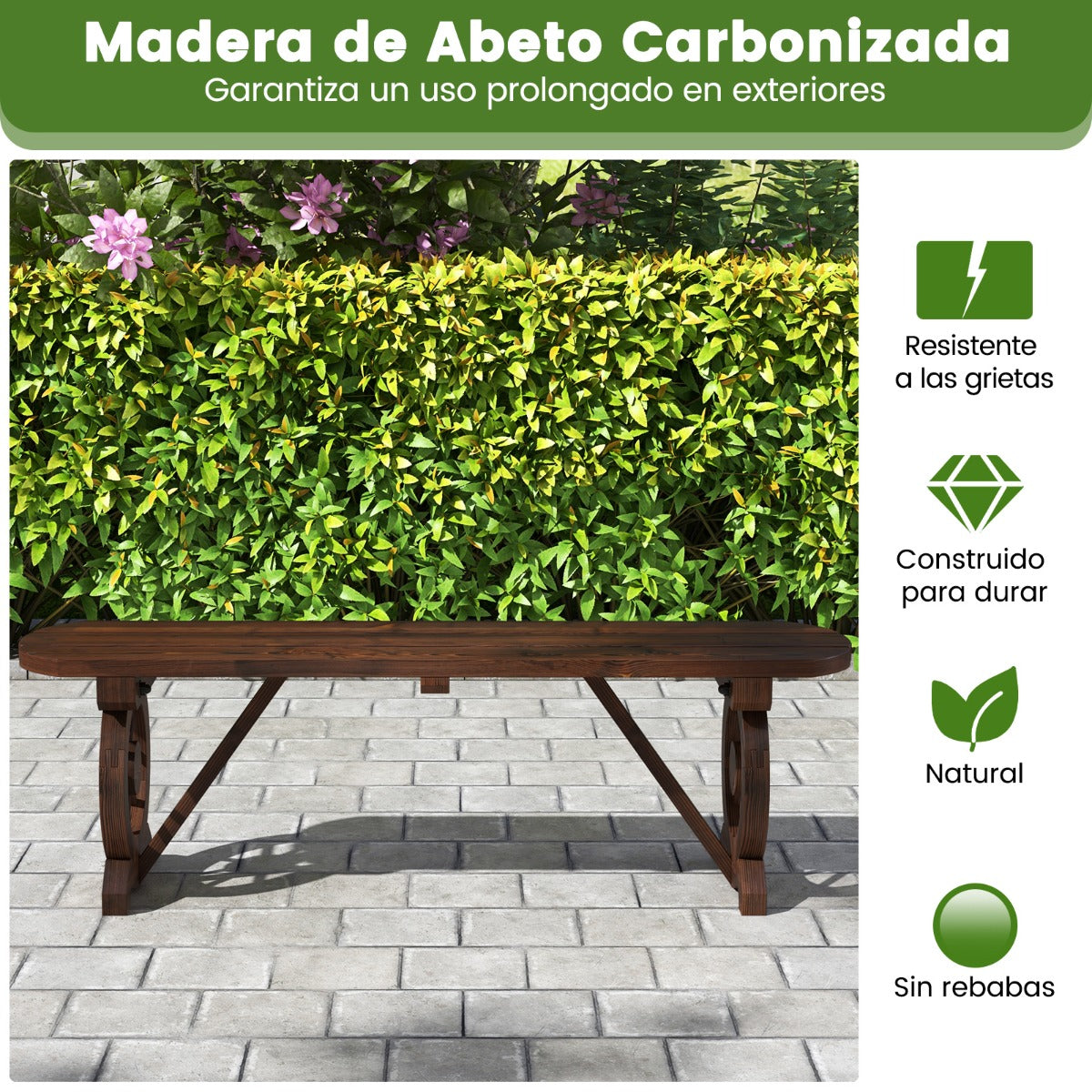 Banco Largo de Exterior de 2 Plazas Banco Madera Carbonizada Abeto con Base de Ruedas de Carro para Patio Carga 322 kg 120 x 28 x 37 cm