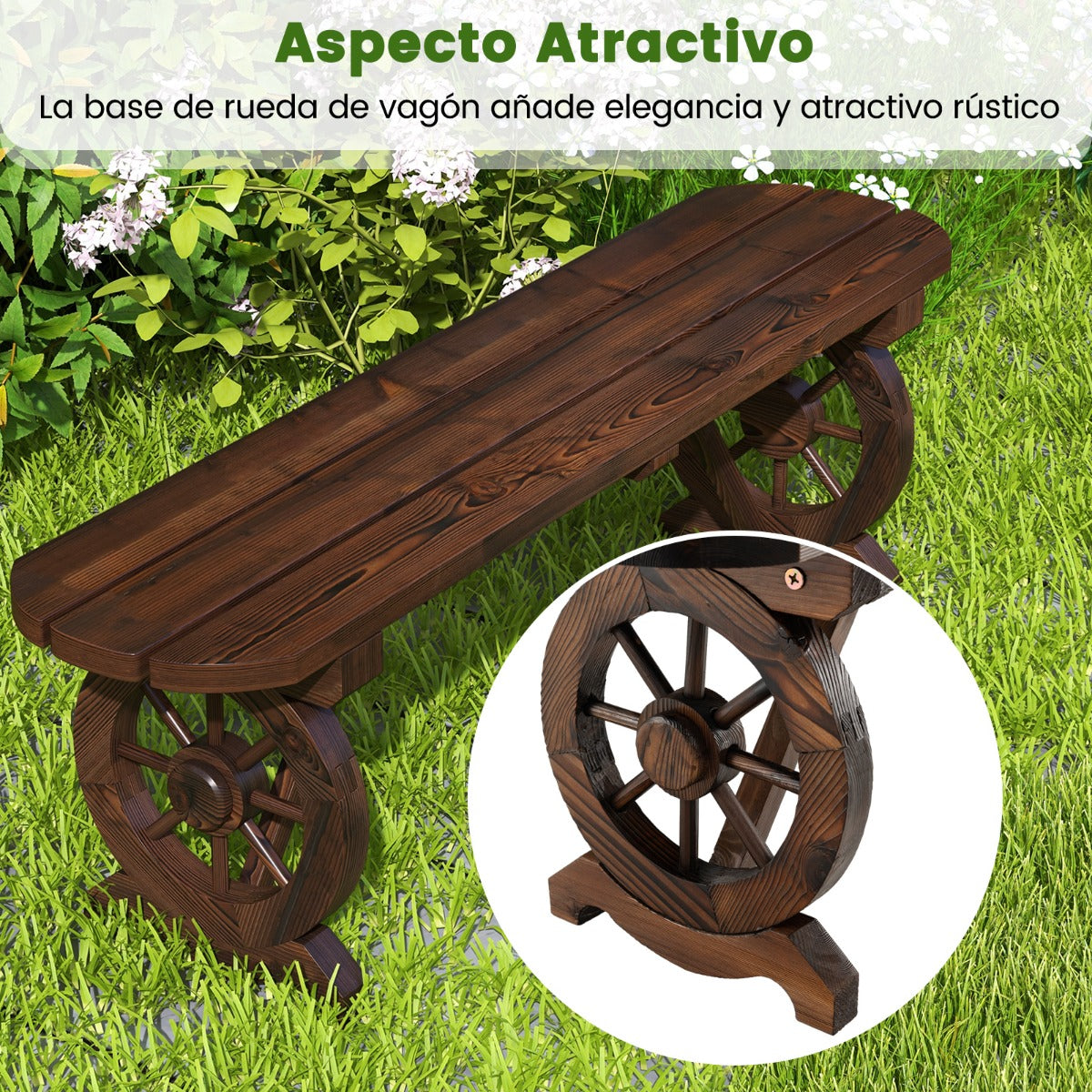 Banco Largo de Exterior de 2 Plazas Banco Madera Carbonizada Abeto con Base de Ruedas de Carro para Patio Carga 322 kg 120 x 28 x 37 cm