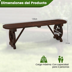Banco Largo de Exterior de 2 Plazas Banco Madera Carbonizada Abeto con Base de Ruedas de Carro para Patio Carga 322 kg 120 x 28 x 37 cm
