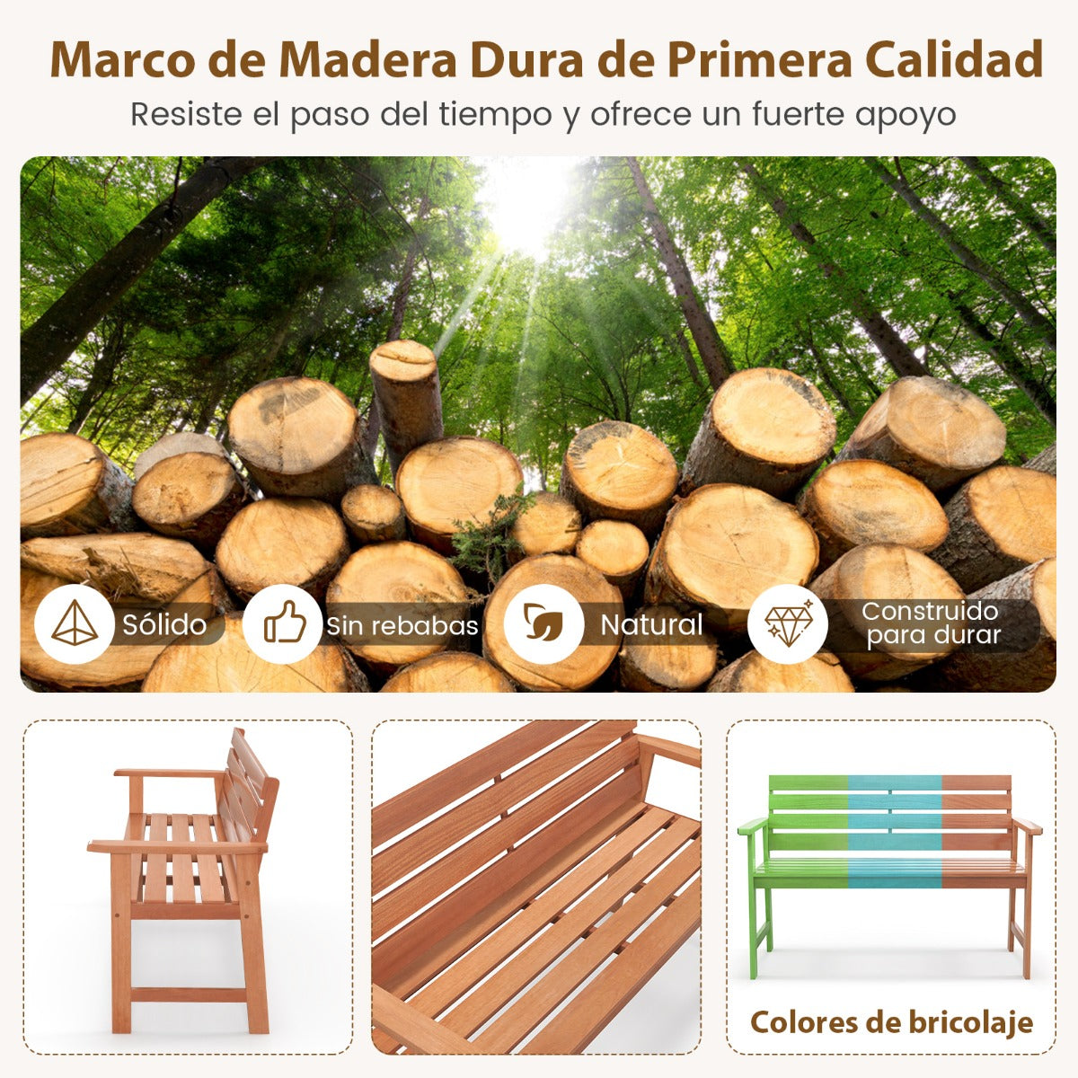Banco de Madera de 2 Asientos con Asiento de Listones Transpirables Respaldo Inclinado Ergonómico para Patio Balcón 120,5 x 64 x 84 cm