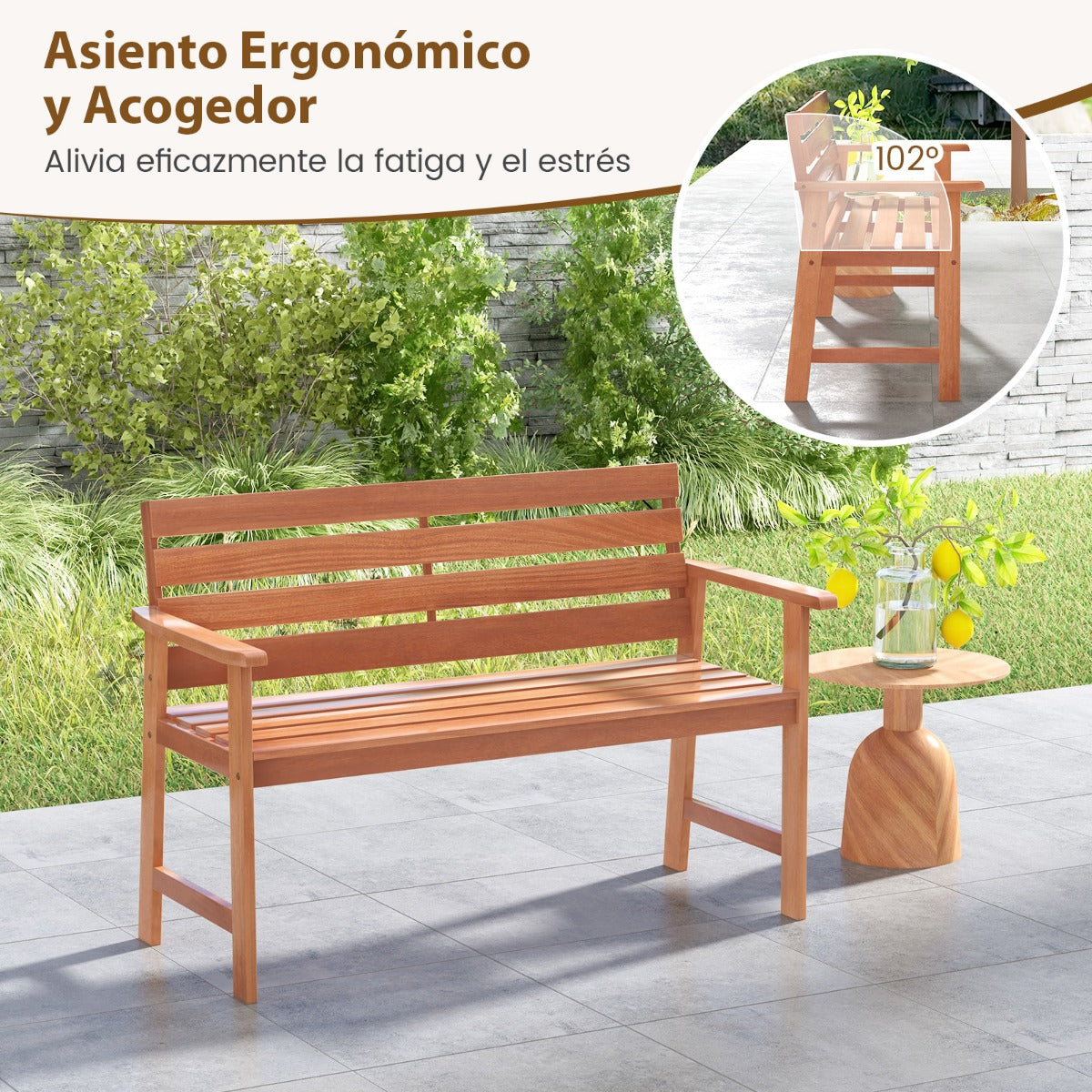 Banco de Madera de 2 Asientos con Asiento de Listones Transpirables Respaldo Inclinado Ergonómico para Patio Balcón 120,5 x 64 x 84 cm