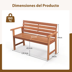 Banco de Madera de 2 Asientos con Asiento de Listones Transpirables Respaldo Inclinado Ergonómico para Patio Balcón 120,5 x 64 x 84 cm