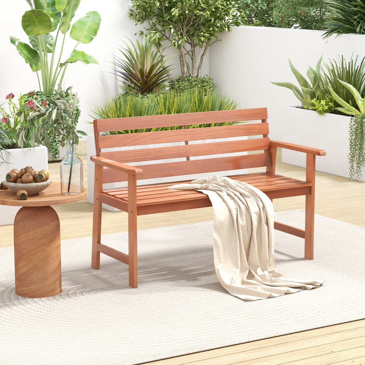 Banco de Madera de 2 Asientos con Asiento de Listones Transpirables Respaldo Inclinado Ergonómico para Patio Balcón 120,5 x 64 x 84 cm