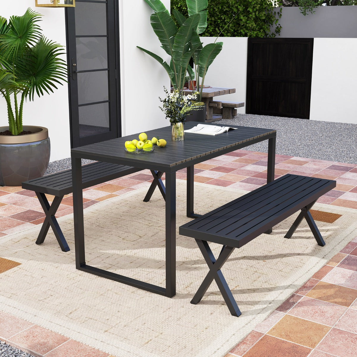 Banco de Metal para Patio para 2 Personas con Asiento de Listones y Patas en X 138 x 36 x 46 cm Negro