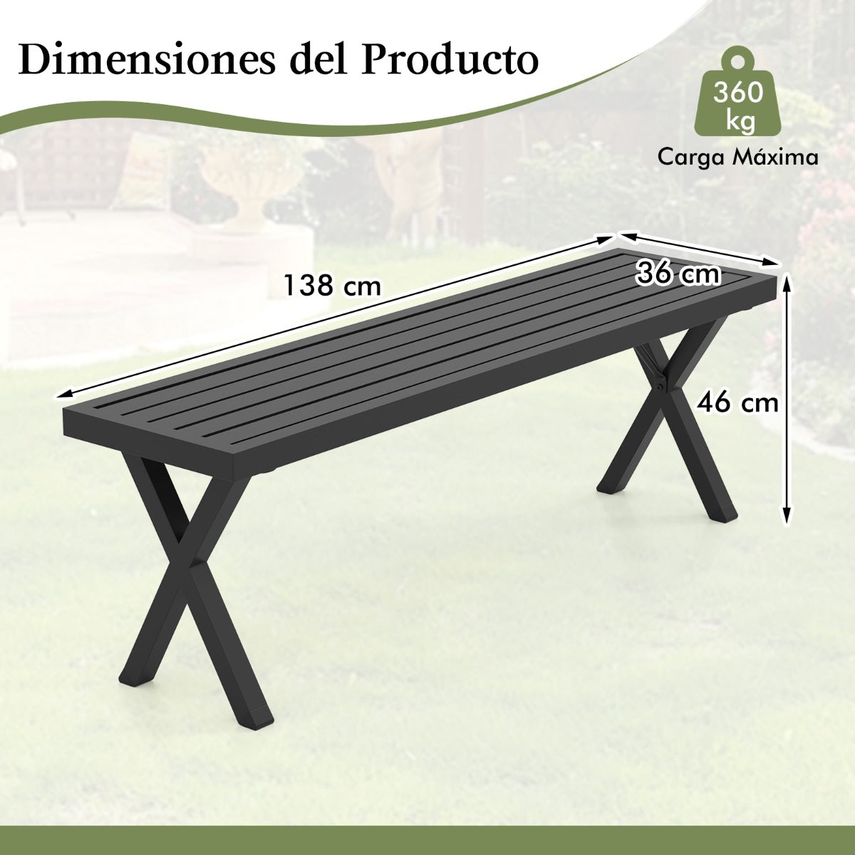 Banco de Metal para Patio para 2 Personas con Asiento de Listones y Patas en X 138 x 36 x 46 cm Negro
