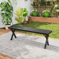 Banco de Metal para Patio para 2 Personas con Asiento de Listones y Patas en X 138 x 36 x 46 cm Negro