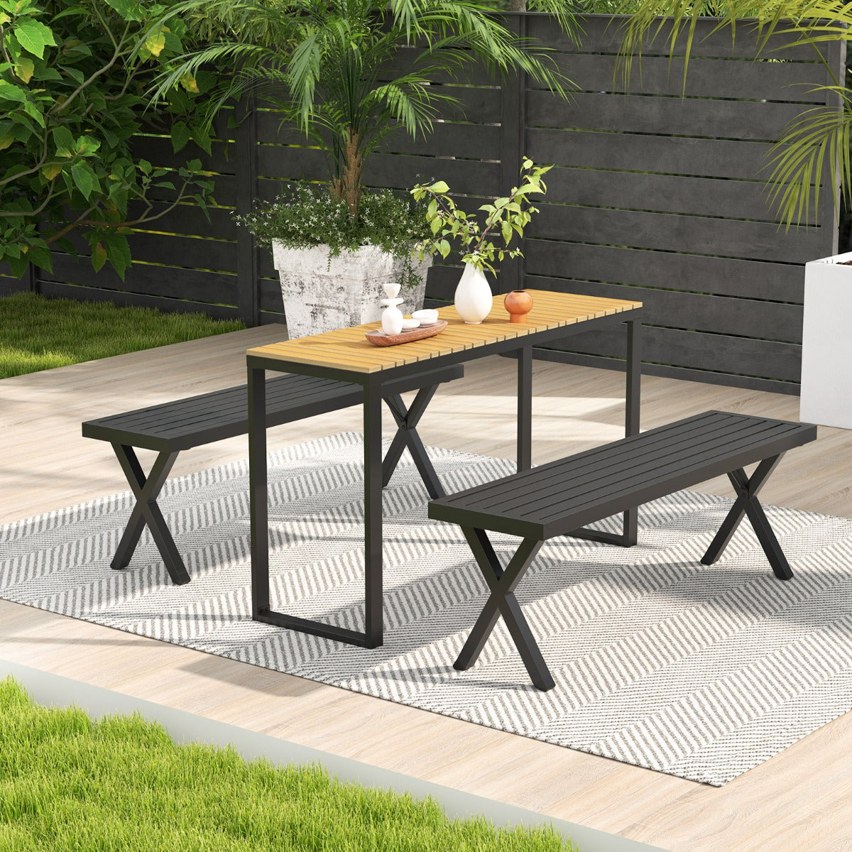 Banco de Metal para Patio para 2 Personas con Asiento de Listones y Patas en X 138 x 36 x 46 cm Negro