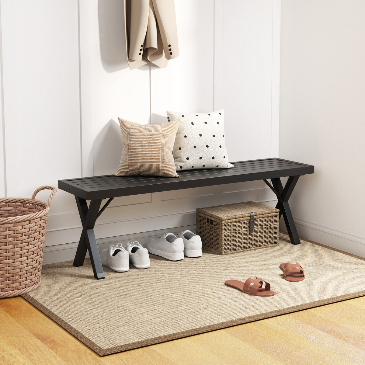 Banco de Metal para Patio para 2 Personas con Asiento de Listones y Patas en X 138 x 36 x 46 cm Negro
